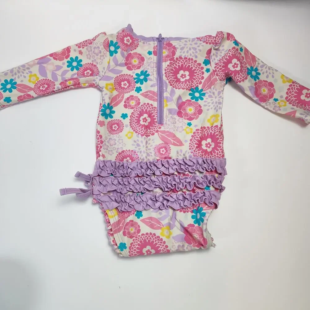 RuffleButts Baby Girl 6–12M Long Sleeve One Piece Swimsuit Set seersucker
